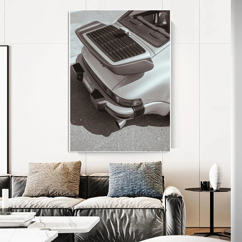 Affiche noir et blanc vintage voiture ancienne Porsche 911 et 356