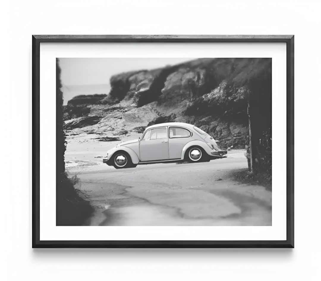 Affiche noir et blanc vintage voiture ancienne VW Coccinelle Beetle