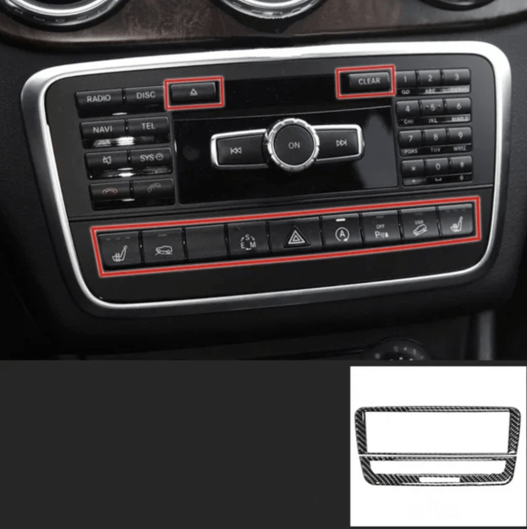 Console centrale supérieure / 9 boutons Piano Black Garniture console centrale carbone pour Mercedes Classe A W176 - 2012 à 2018