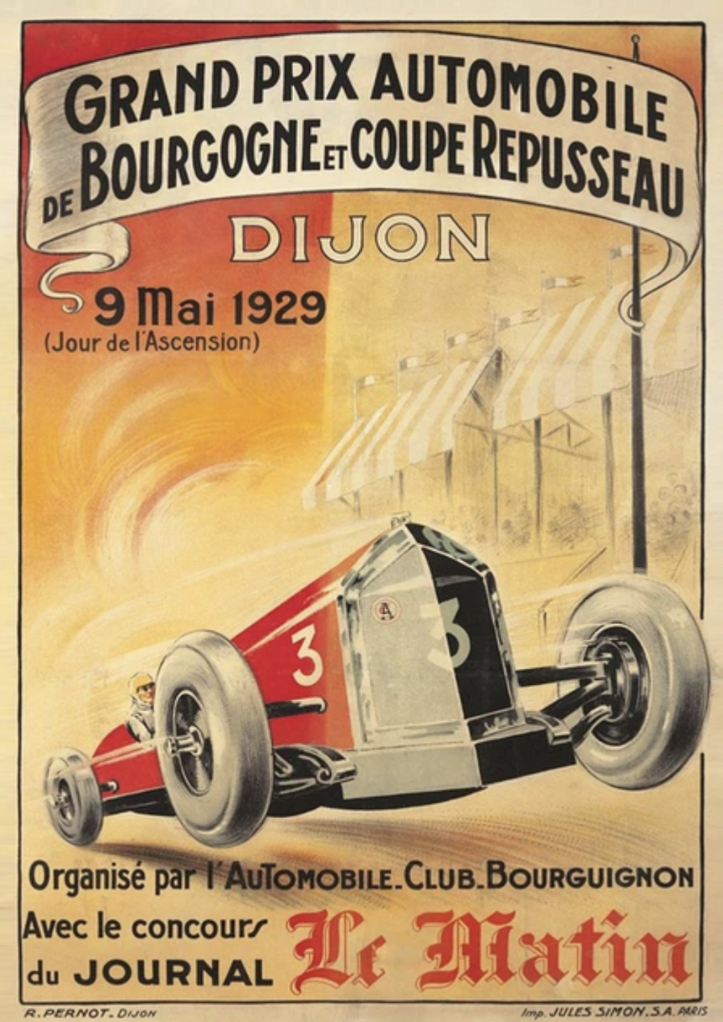 Poster de voiture de course vintage circuit de Dijon 1929