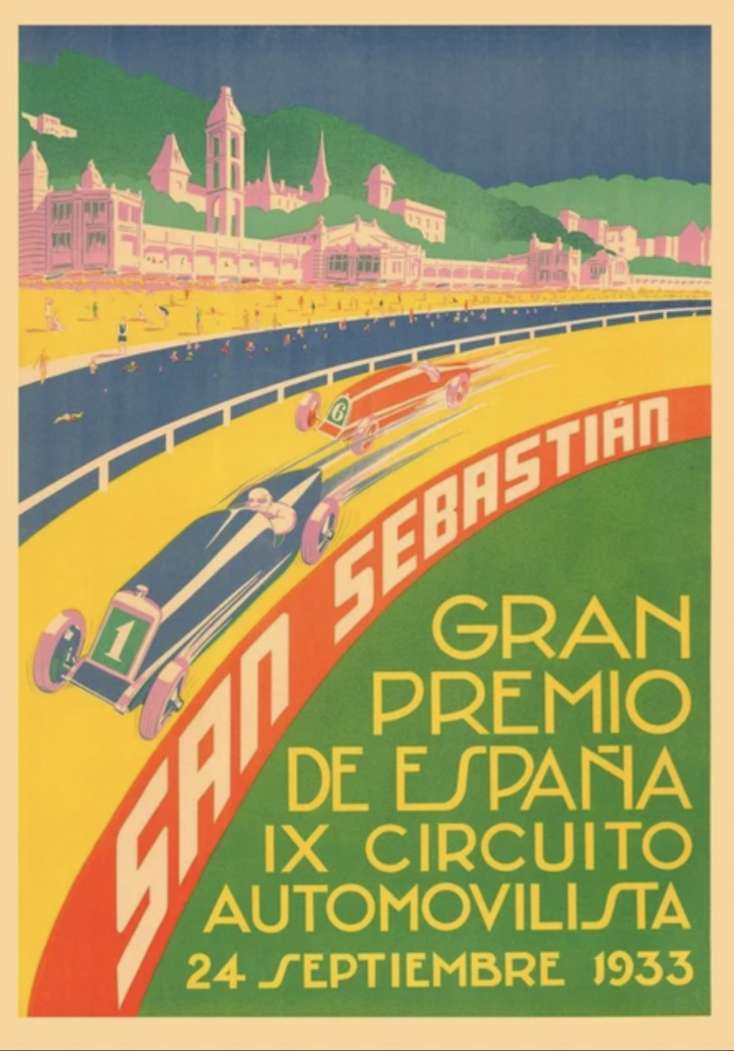 Poster de voiture de course vintage circuit de San Sebastian 1933