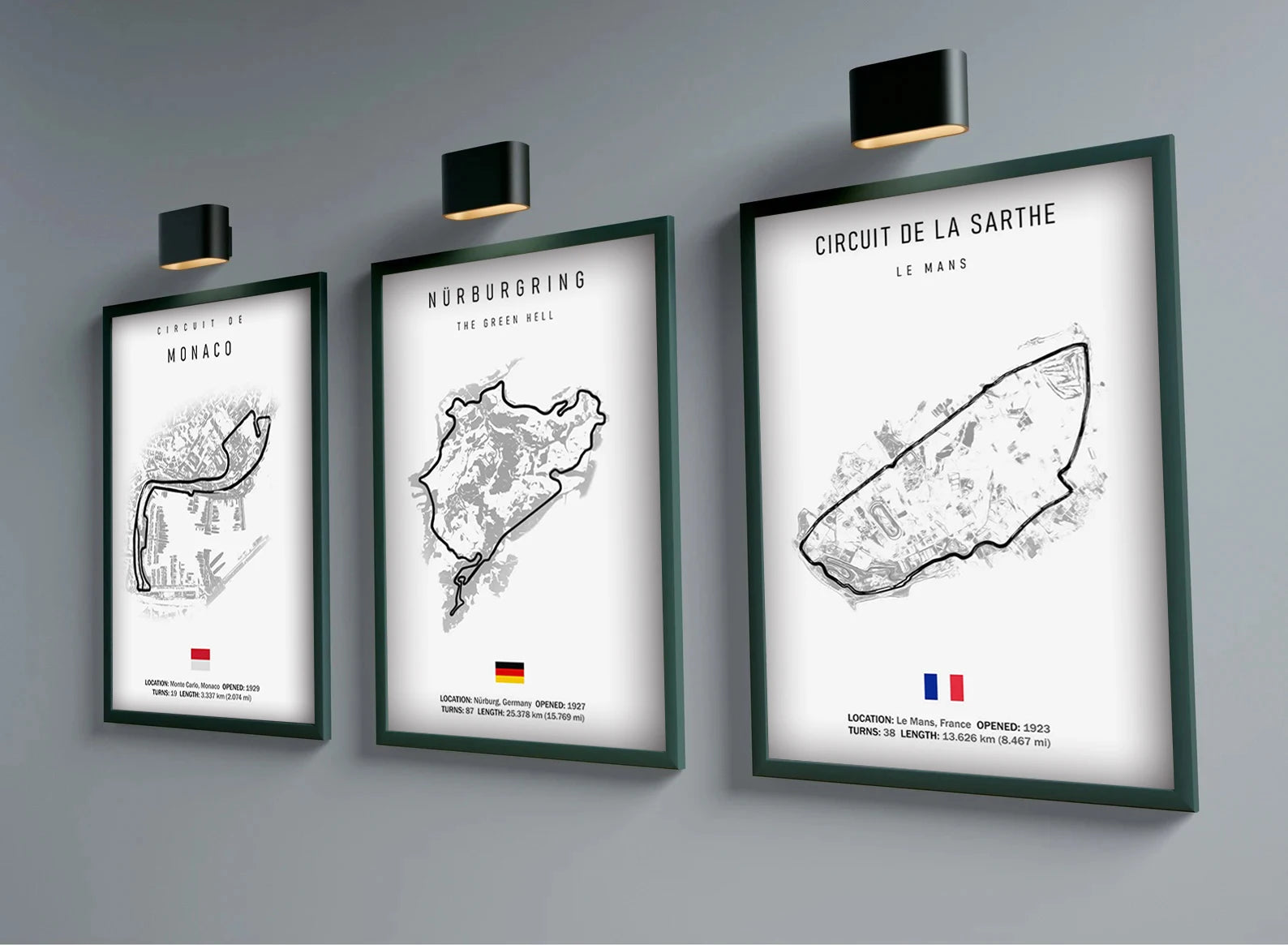 Affiches murales circuits de course automobile sur fond blanc