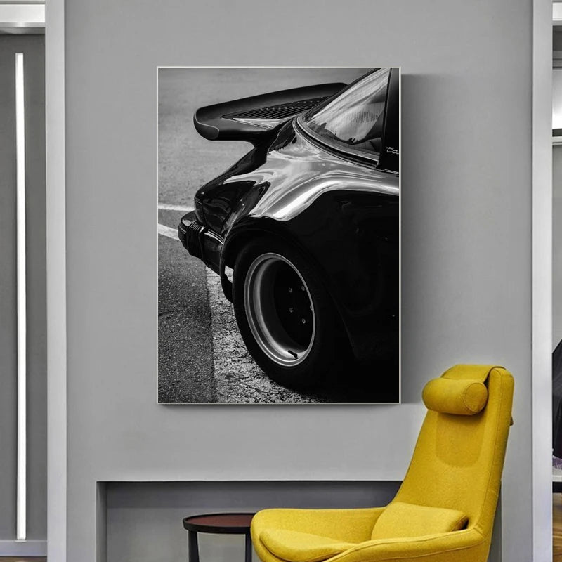 Affiche noir et blanc vintage voiture ancienne Porsche 911 et 356