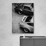 Affiche noir et blanc vintage voiture ancienne Porsche 911 et 356