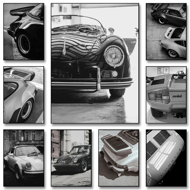 Affiche noir et blanc vintage voiture ancienne Porsche 911 et 356