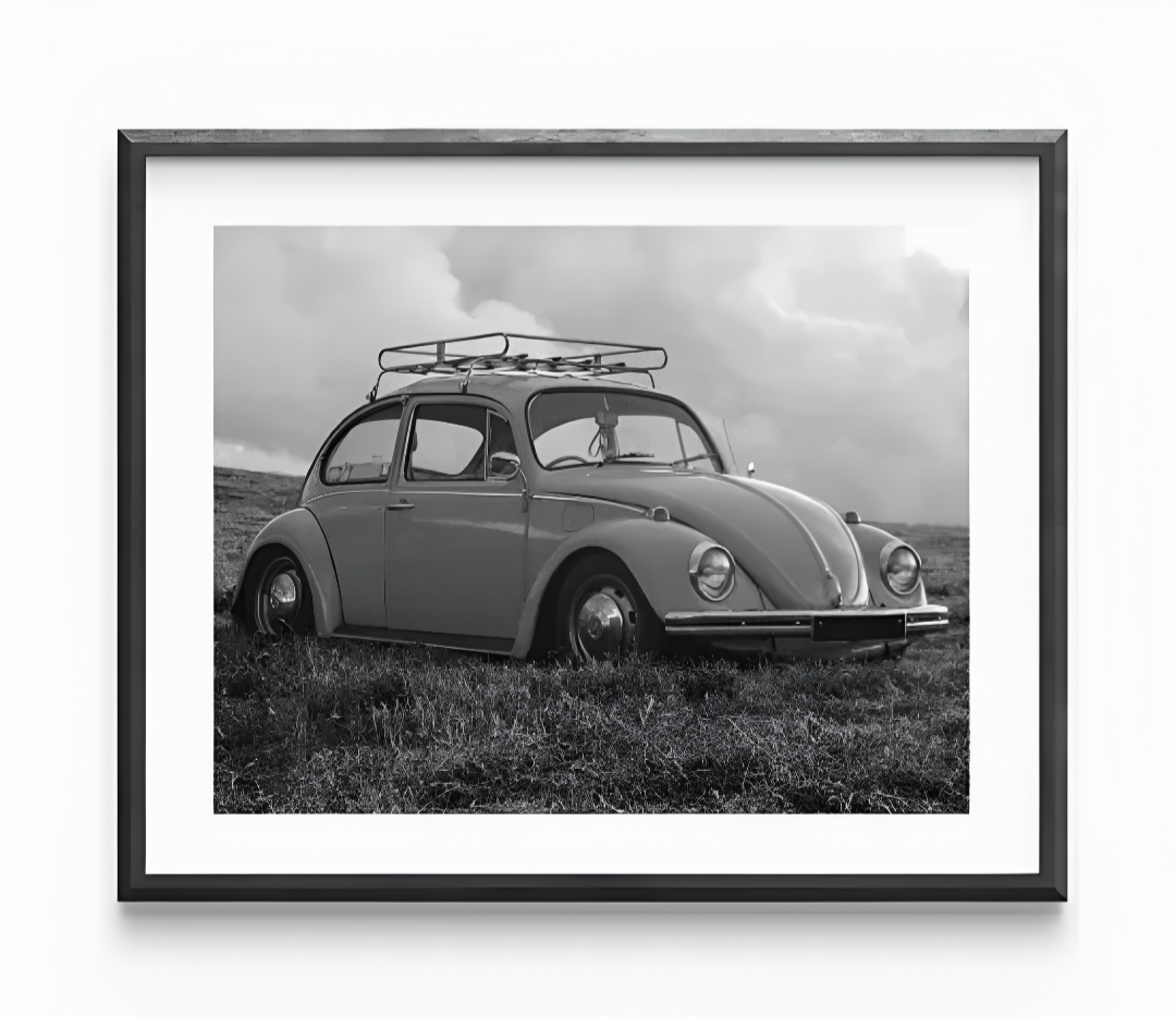 Affiche noir et blanc vintage voiture ancienne VW Coccinelle Beetle
