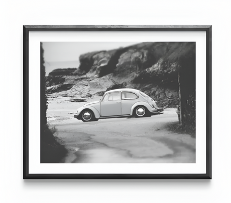 Affiche noir et blanc vintage voiture ancienne VW Coccinelle Beetle