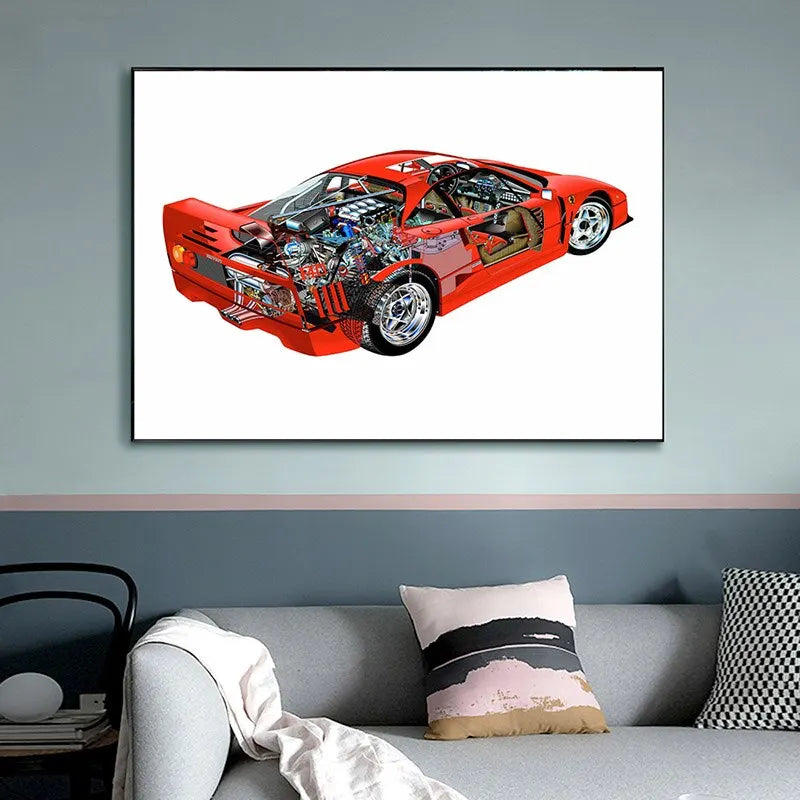 Affiche voiture Ferrari F40 Vue en coupe Poster voiture de course