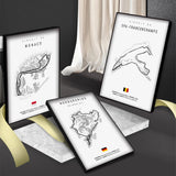 Affiches murales circuits de course automobile sur fond blanc