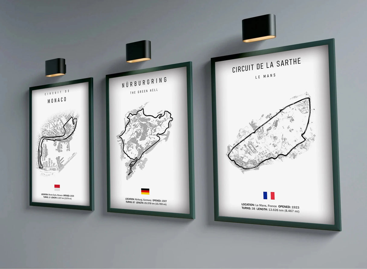 Affiches murales circuits de course automobile sur fond blanc