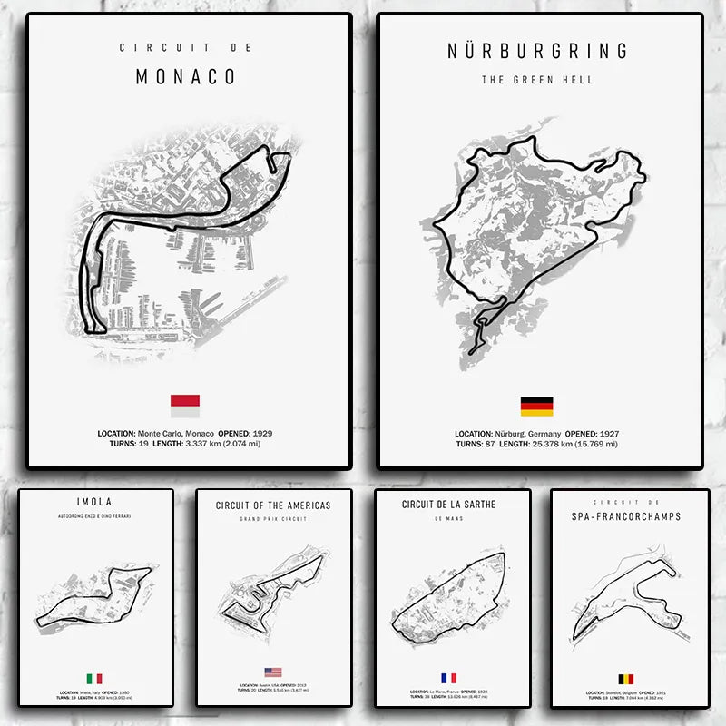 Affiches murales circuits de course automobile sur fond blanc