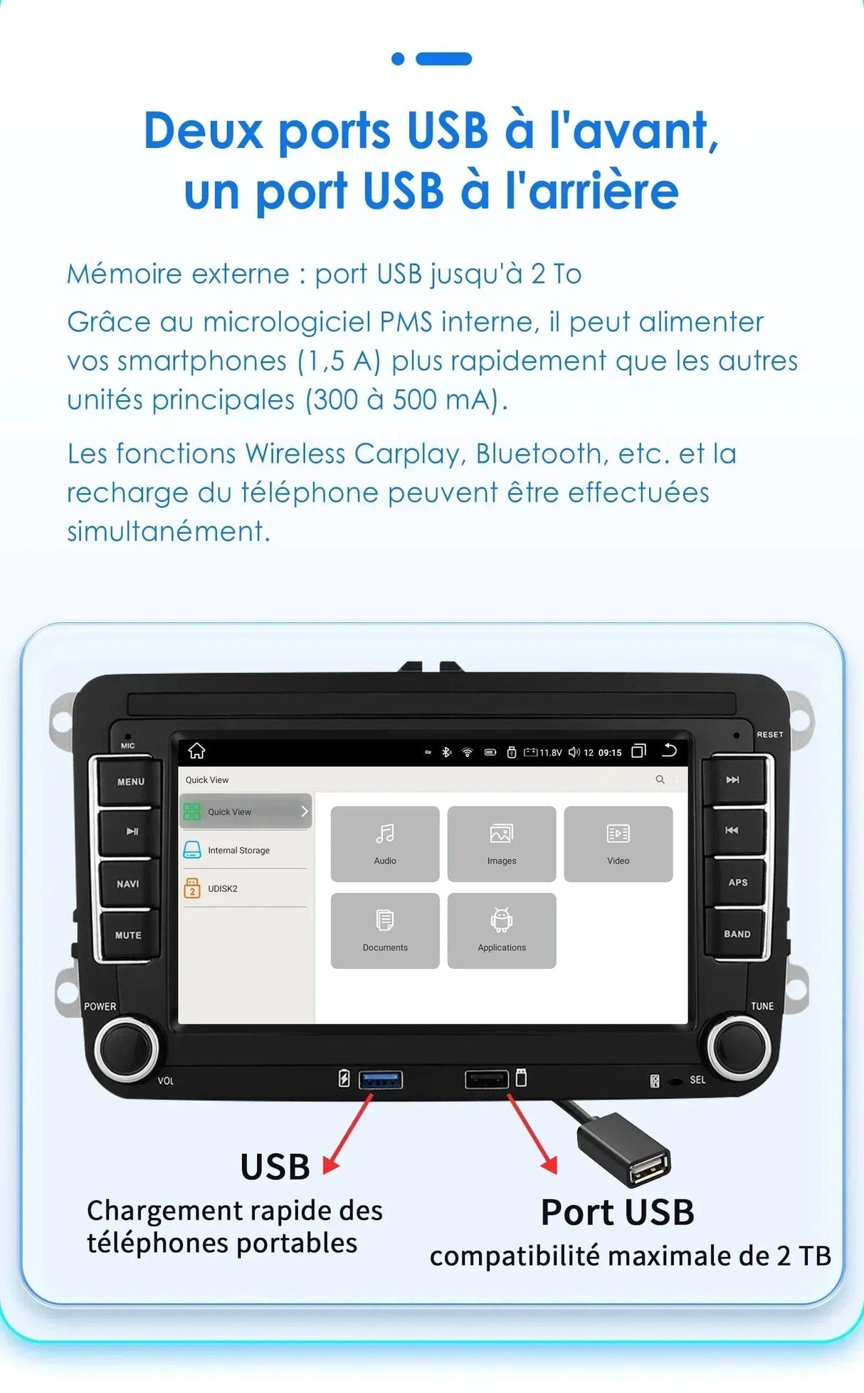 Autoradio connecté Android Auto et Apple CarPlay pour Volkswagen VW Tiguan (2007 à 2013)