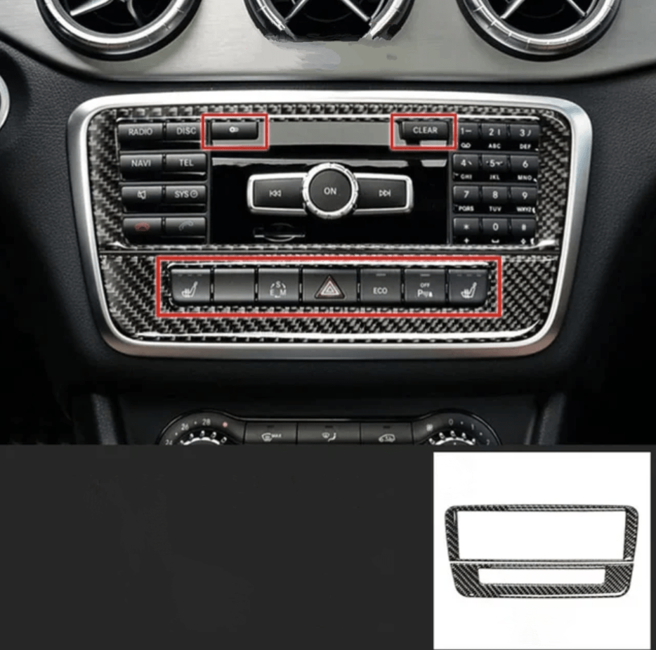 Console centrale supérieure / 7 boutons Piano Black Garniture console centrale carbone pour Mercedes Classe A W176 - 2012 à 2018