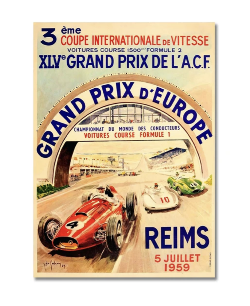Poster de voiture F1 vintage Grand Prix de Reims 1959
