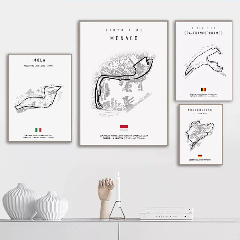 Affiches murales circuits de course automobile sur fond blanc