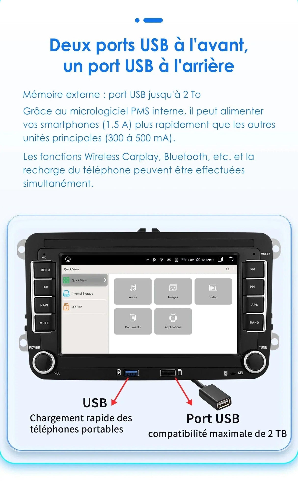 Autoradio connecté Android Auto et Apple CarPlay pour Volkswagen VW Touran (2003 à 2012)