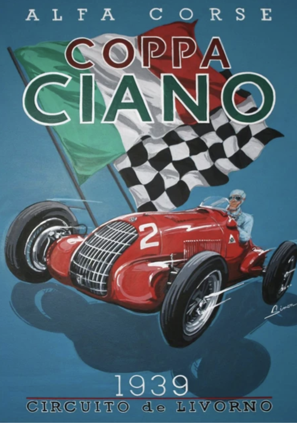 Poster de voiture de course vintage circuit de Livorno 1939