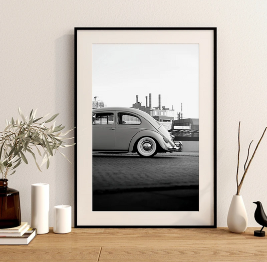 Affiche noir et blanc vintage voiture ancienne VW Coccinelle Beetle